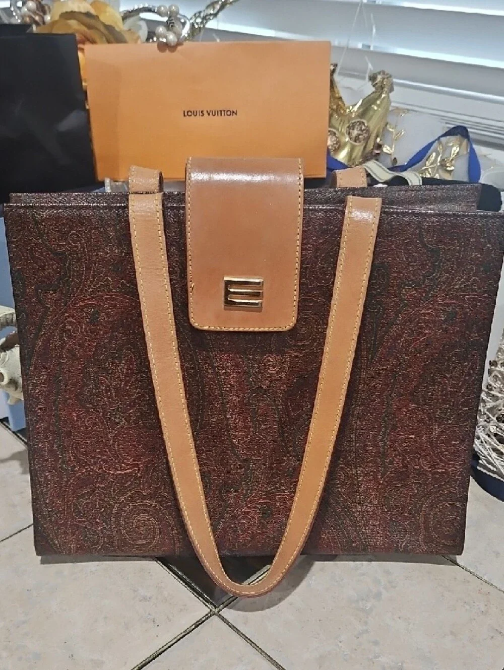 Vintage Etro Paisley Tote w/ Tan Leather Trim & Straps GUC! - Picture 5 of 17